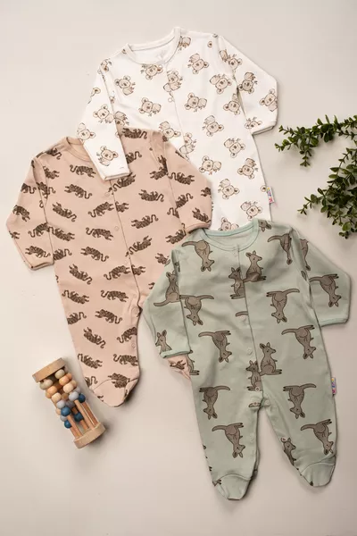 Tuta neonato 3-6-9 mesi con piedini, set da 3, % cotone, con fantasia canguro e koala