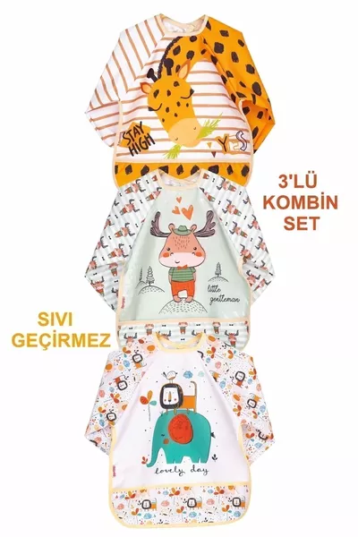 طقم 3 قطع (زرافة-أسد-أيل) (مانع لتسرب السوائل) مريلة طعام