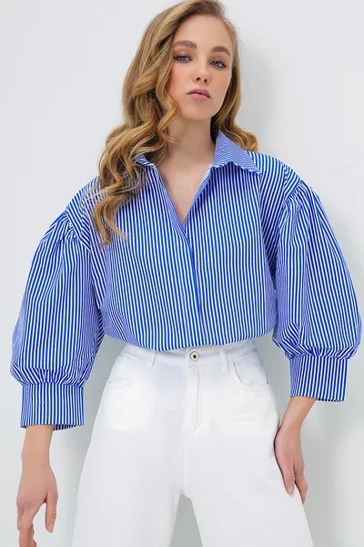 Women's Navy-Striped Balloon Sleeve Hidden Button Basic Poplin Shirt 