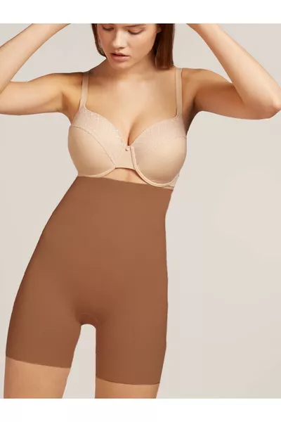 Porfy Slimming Effect Laser Cut Shorts Shapewear with Hem, No Marks, Brown Color