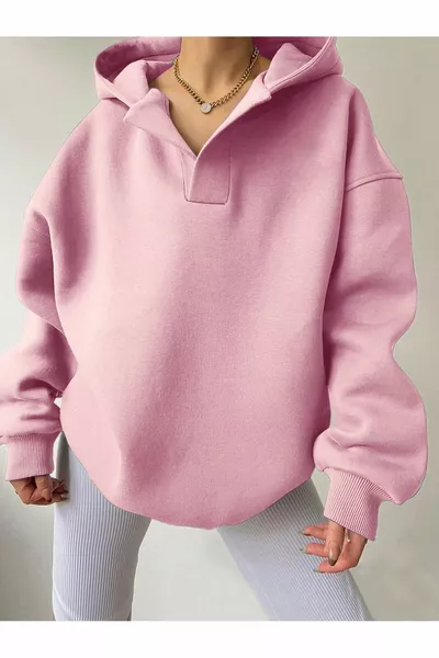 سويت شيرت أساسي بأكمام واسعة وقبعة للجنسين وياقة على شكل V