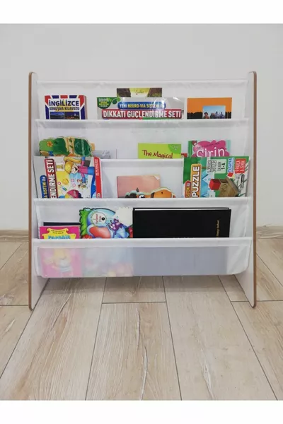 Libreria Montessori per Asilo Nido, Classe Materna, Camera dei Bambini, in Legno e Tessuto, Lavabile, Bianca