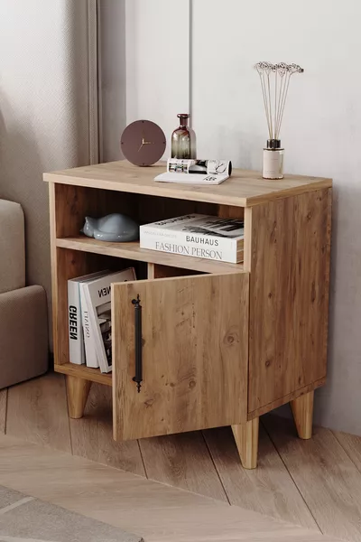 طاولة جانبية بأدراج بغطاء ومقسمتين، صنوبر الأطلسي