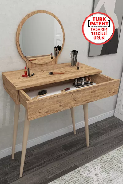 طاولة مكياج خشبية مع مرآة وأرجل وخزائن أدراج، من خشب صنوبر الأطلس - سيينا