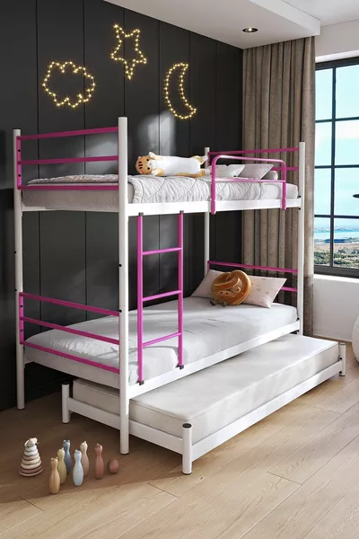 Трэнд двухъярусная кровать с ящиком для хранения, подходит для 3 человек, тёмно-розовая металлическая кровать