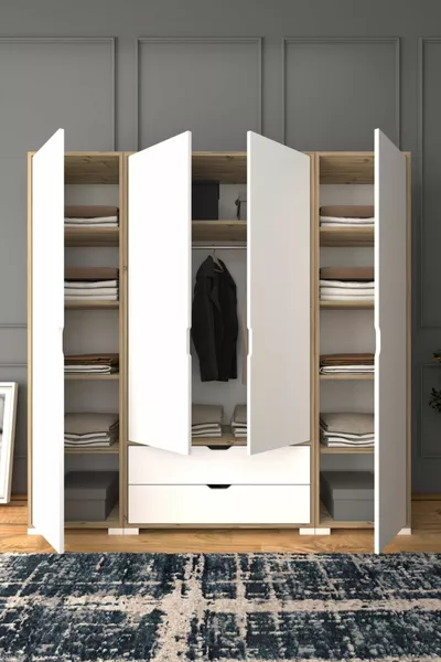 Armoire Nisan Beige clair et blanc à 4 portes et 2 tiroirs - Ensemble de garde-robe