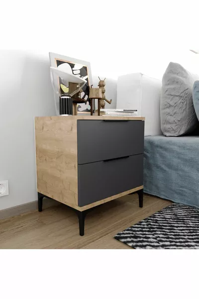 Aden 2 Lades Donkergrijs Nachtkastje, Economisch Nachtkastje, Modulair Nachtkastje