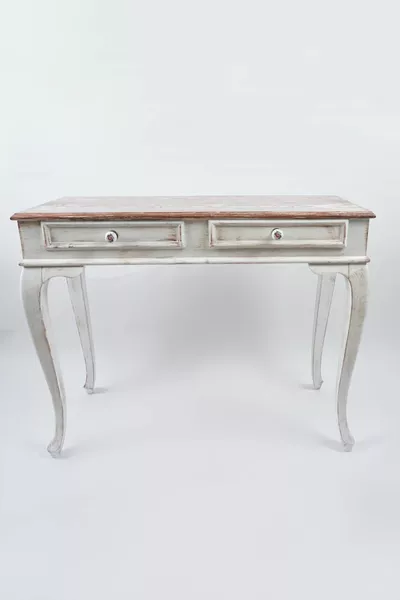 Console coiffeuse en bois avec tiroirs, finition patine blanche antique