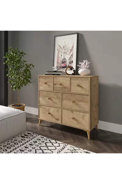 خزانة عصرية من خشب البلوط بسبع أدراج - مصنوعة بالكامل من MDF عالي الجودة