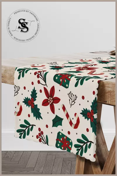 Happy New Year - Yılbaşı Süsleri Desenli Kaliteli Kadife Kumaş  Cm Dekoratif Runner