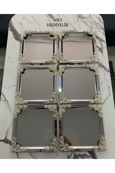 Набор из 6 предметов Люкс, 4 угла СЕРЕБРО, цветок СЕРЕБРО, квадратная сервировочная поднос-форма для чая, кофе, угощений 