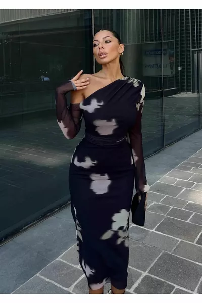 أسود كتف واحد تول فستان أنيق مفصل