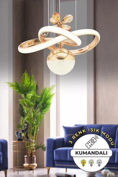 Bella Fernbedienbare Hängeleuchte mit drei Farblichtern, dimmbar, goldbeschichtet, LED-Kronleuchter für Wohnzimmer und Küche