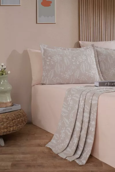 Mokka Yatak Örtüsü Çift Kişilik Keten Görünümlü 3 Parça ( cm) Ekru