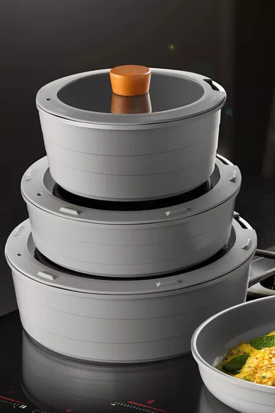 Midas Grijs -Delige Uitneembare Handvatten Nestbare Inductiekookpot en Koekenpanset