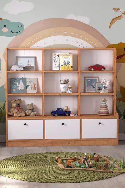 خزانة ببابين و9 أرفف مكتبة خزانة متعددة الأغراض خزانة ألعاب ديميت تشام أبيض