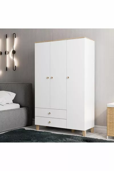 خزانة ملابس  فينتو بثلاثة أبواب مع سلة - أبيض