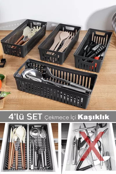 4-delige Modulaire Lepelhouder Set - Keukenlade Organizer Mesblok en Lepelhouder Zwart