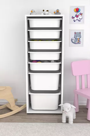 Armoire Zola à 7 paniers, armoire de jouets polyvalente pour cuisine, salle de bain et cellier, blanche