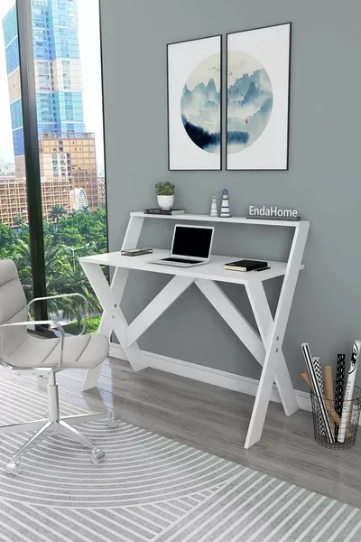 Study Desk with X-Leg Shelf  Cm White