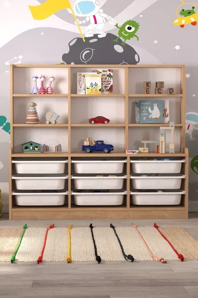 Armoire à 9 étagères et 9 paniers, armoire polyvalente, armoire à jouets Almina Chêne Saphir