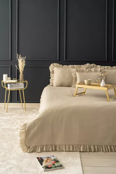 Eva Çift Kişilik Pike Yatak Örtüsü Takımı BEJ - Pamuklu Fırfırlı Günlük Örtü Seti -Şık Kutu ve Paket