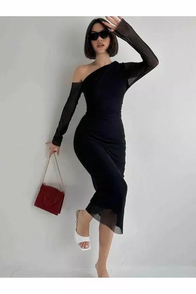 أسود كتف واحد تول فستان أنيق مفصل