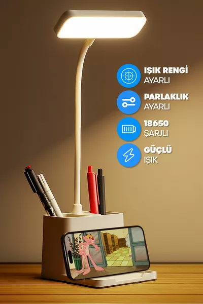 Аккумуляторная настольная лампа с тремя цветами света, регулируемая, с держателем для телефона и подставкой для ручек, для учебы и чтения