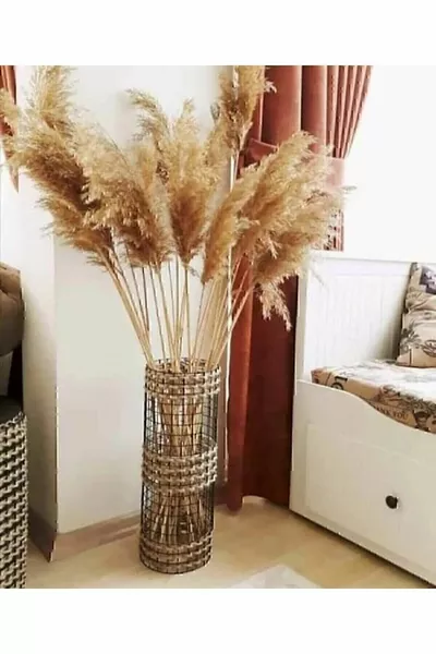 Decoratieve jute rieten vaas met metalen draad en handgemaakte bloemen pampas, drie gevlochten,  cm