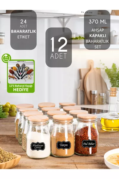 Set de  bocaux à épices en verre de  ml | Couvercle en bois sous vide, étiquette et petite cuillère offertes