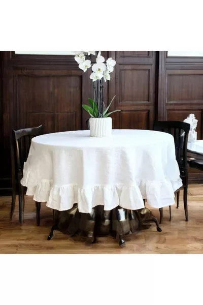 Premium White Linen Ruffled Round Tablecloth