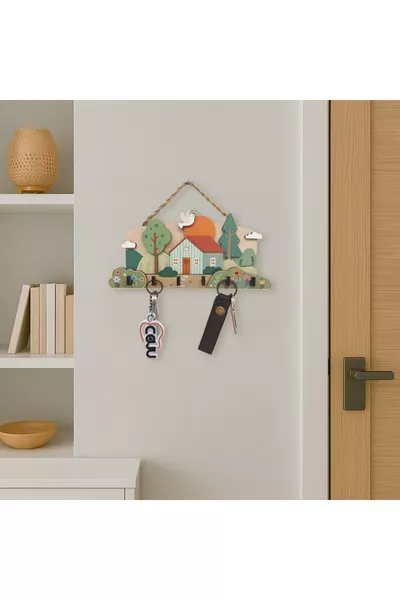 ميدالية مفاتيح جدارية زخرفية ثلاثية الأبعاد على شكل بيت ريفي خشبي لطيف