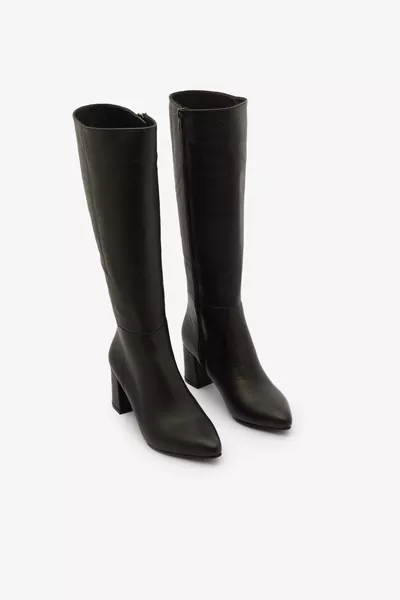 حذاء نسائي أسود من الجلد الطبيعي مع سحاب، أصبع مدبب وكعب