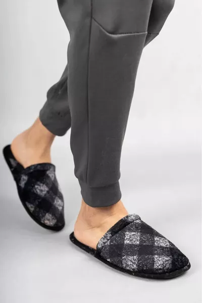 Men's Navy Blue Plaid House Slippers