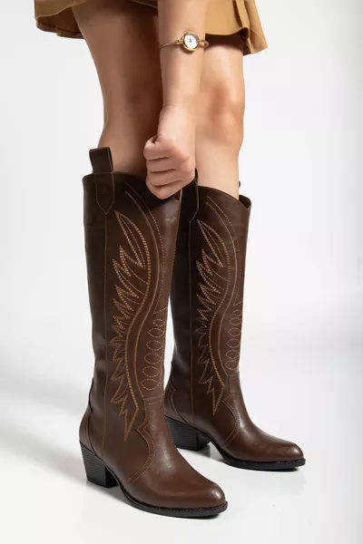 Westry Geborduurde Lange Dames Cowboylaars in Bruin