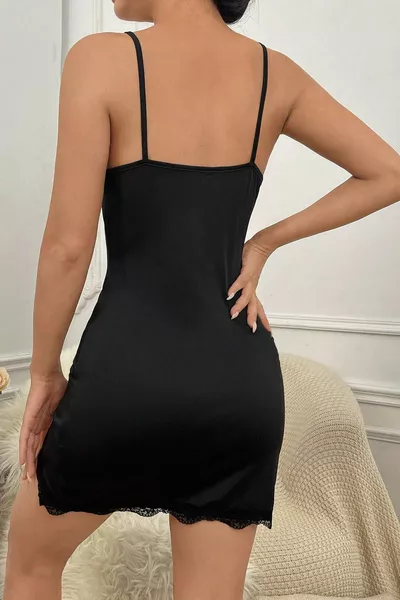 Women's Black Nightgown with Lace and Slit on Chest and Legs