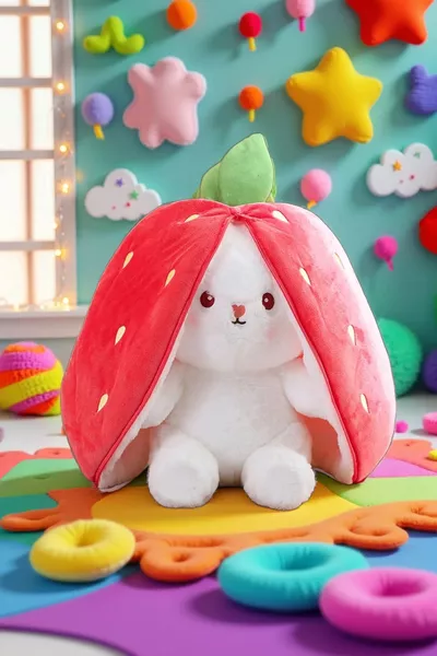 لطيف بجودة عالية. أرنب فراولة من القطيفة مع حقيبة سمكها سنتيمترات، هدية لطيفة من أرنب الفراولة