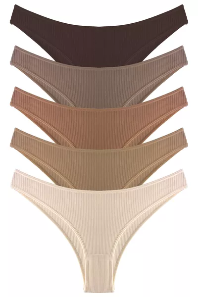سراويل داخلية نسائية برازيلية ضيقة مضلعة قطن ومرنة، عبوة من 5 قطع - 2