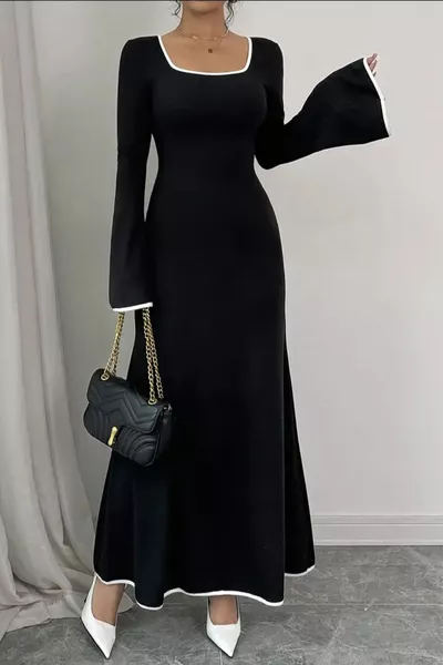 فستان نسائي برقبة على شكل حرف U أسود بحواف بيضاء من القماش المحبوك