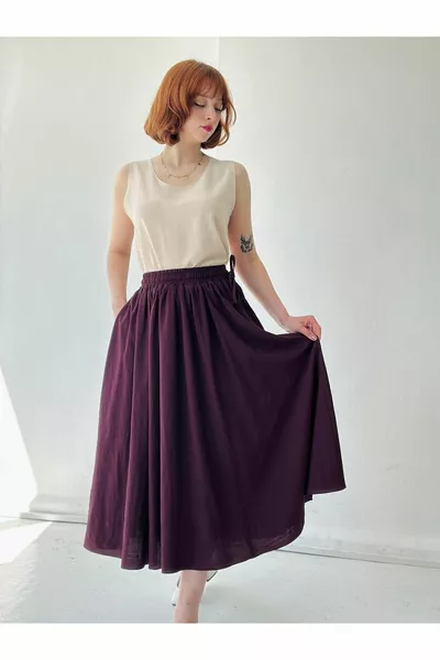 دائرة واسعة تنورة متوسطة الطول نسائية بورجوندي