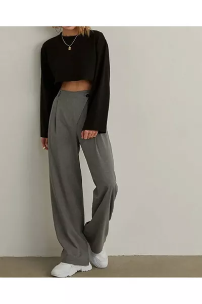 بنطال بالازو نسائي أنثراسيت خصر عالي، أرجل واسعة، يومي@أناقة المكاتب 