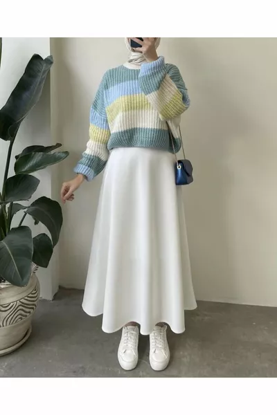 Women's Puff Sleeve Modest Wear White Scuba Flared Skirt with Elastic Waist