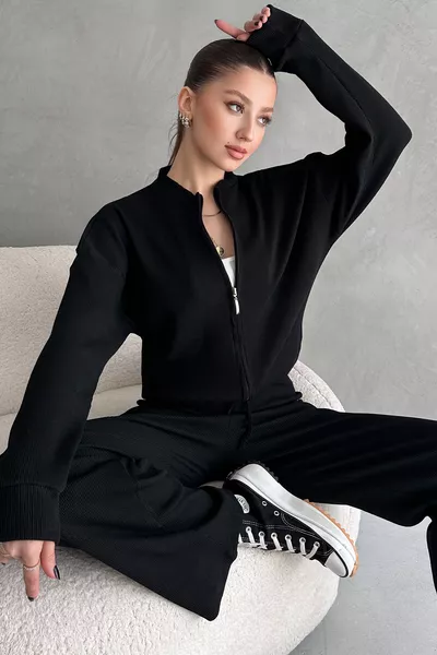 Black Ribbed Pants and Bomber Jacket Women's Set