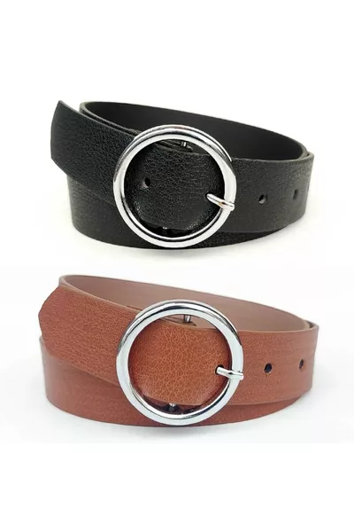 Cintura da donna nera-marrone con fibbia a cerchio, confezione da 2