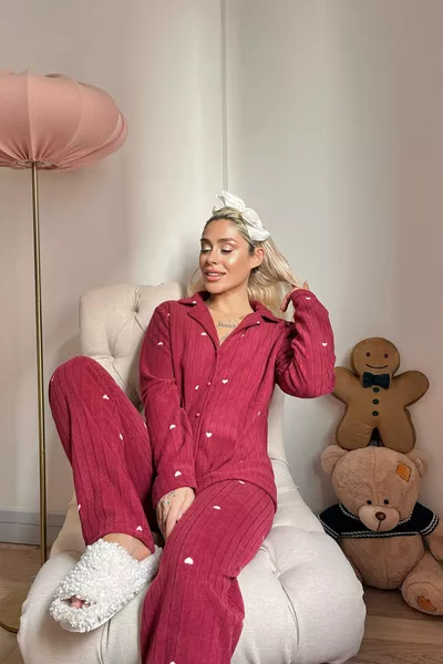 Burgundy Heart Pattern Front-Button Plush Fleece Pajama Set