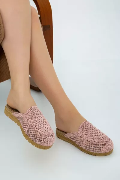 Chaussons d'extérieur et d'intérieur en paille tissée, devant fermé, couleur poudre