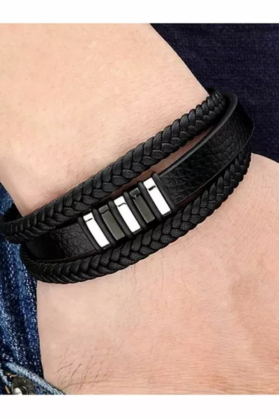 Men's Genuine Leather Bracelet Black Color Magnetic Clasp Braided Brass Bracelet - Men's Bracelet