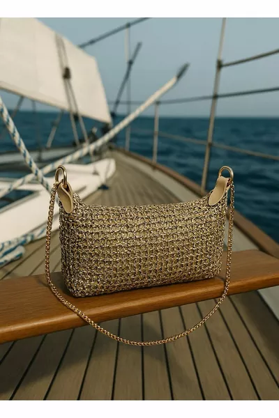 حقيبة يد وكتف نسائية متلألئة بشبكة وحلقات سلسلة