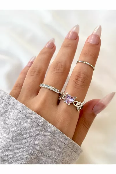 Women's Silver Color 3-Piece Pink Stone Leaf and Heart-Stone Knuckle Ring