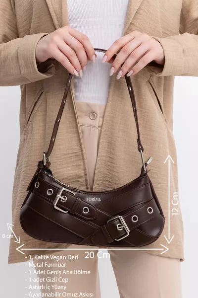 Borsa a tracolla e a spalla baguette con dettaglio cintura marrone – pelle vegana, tracolla regolabile